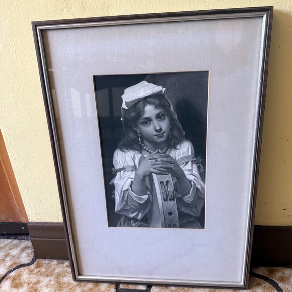 Other - Vintage Framed Portrait Print Young Girl with Tambourine B&W Silver Frame 12x18